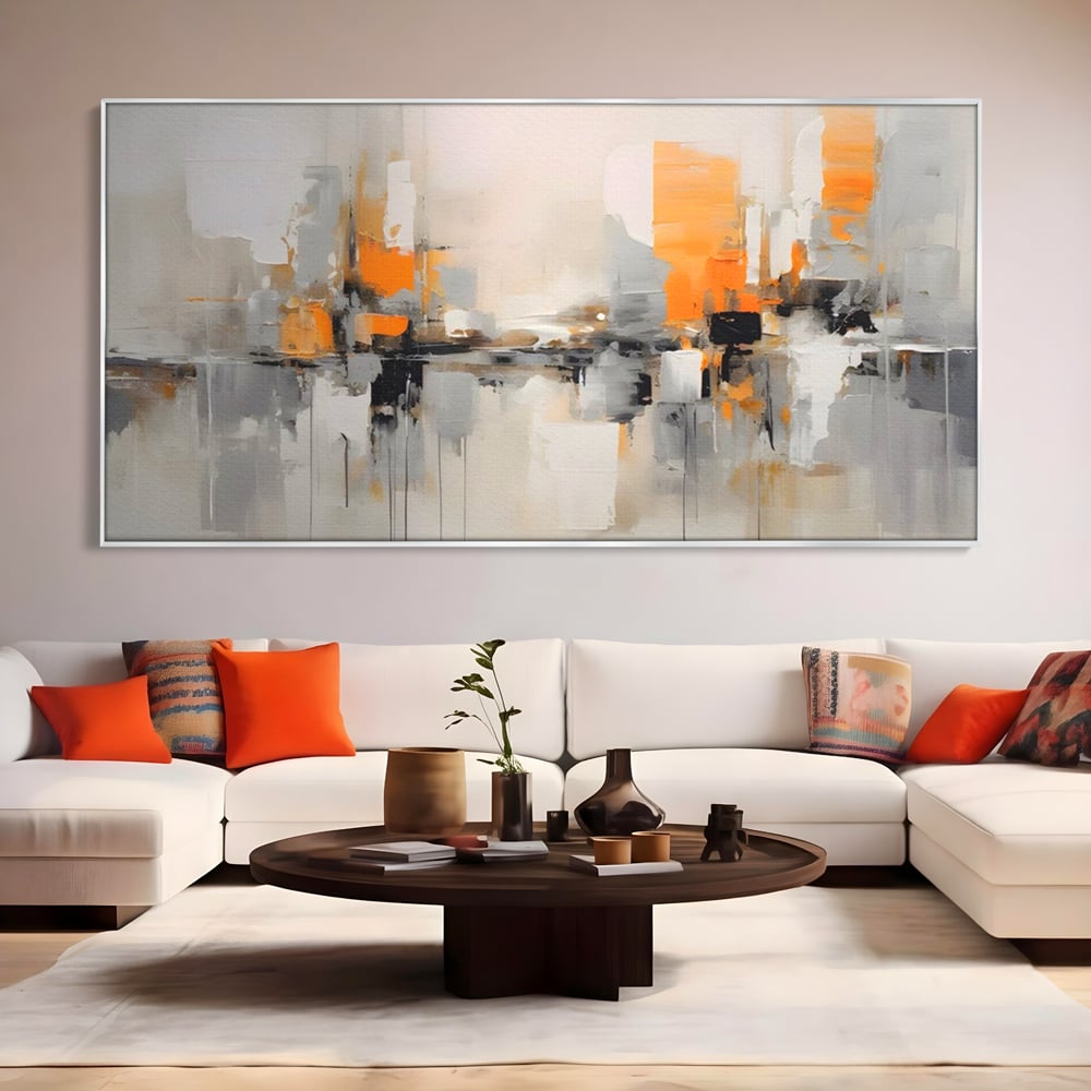 Tablou canvas cu pictura abstracta cu reflexii urbane, in rama de aluminiu argintiu, pe perete intr-un living